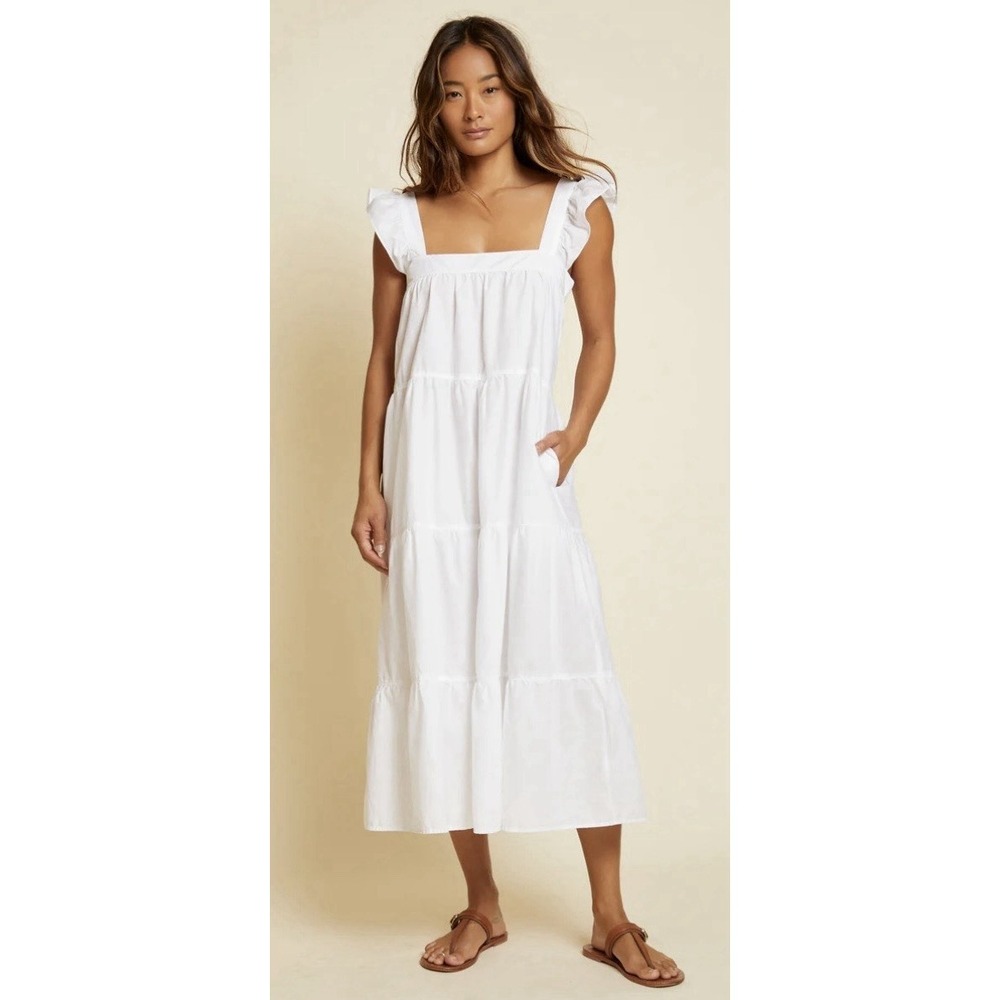 Nation LTD White Camille Easy Sun Dress Tiered Flutter Sleeve Midi Womens Medium